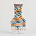 Colorful glass vase with striped pattern on a white background