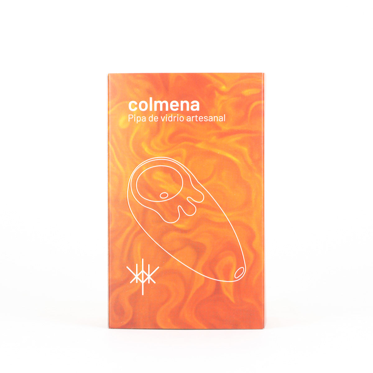 An orange and yellow marbled box for 'colmena' artisanal glass dildo packaging, featuring a white line drawing of the product and white text on a clean white background.