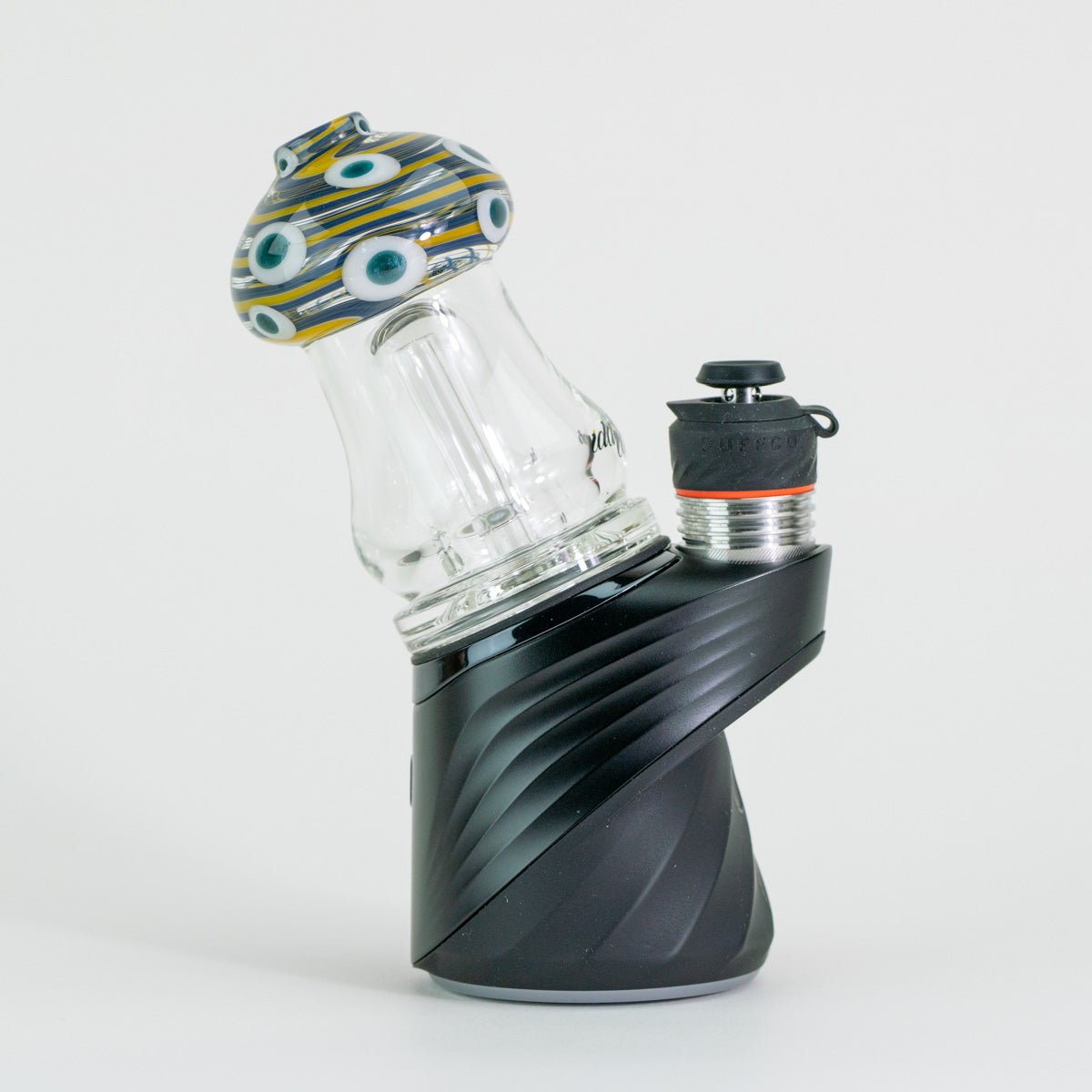 Glass smoking device with a colorful top piece on a white background