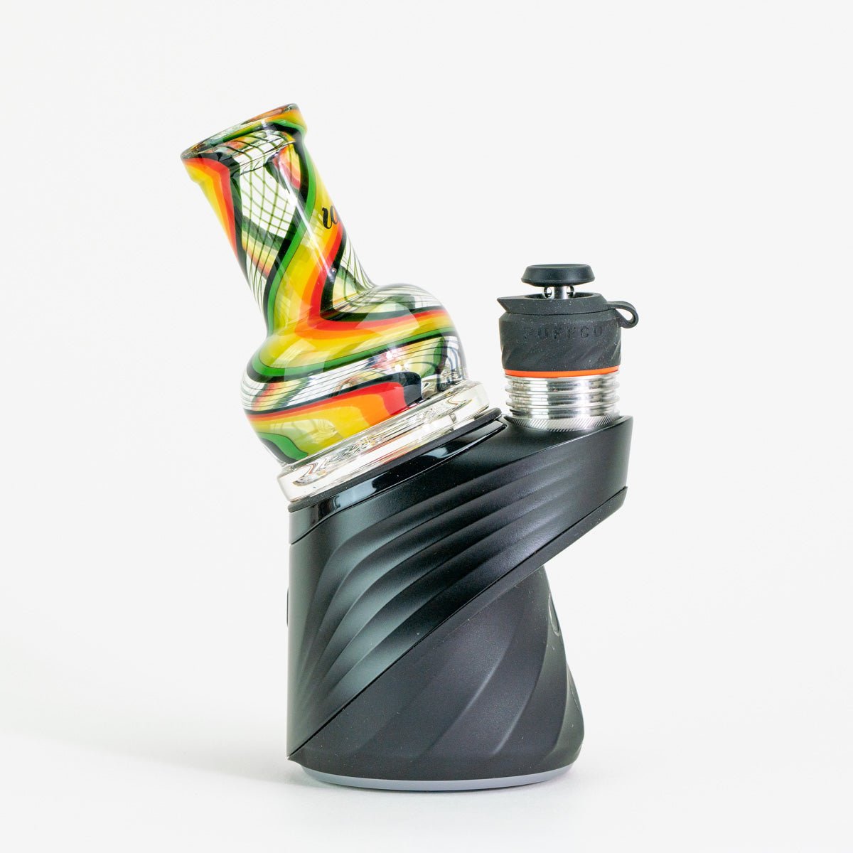 Colorful glass pipe with black metal base on a white background
