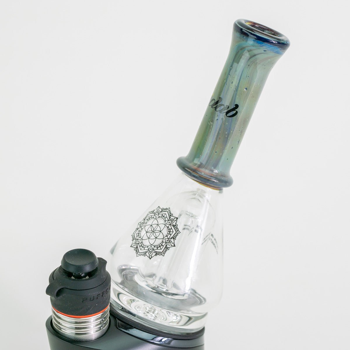 Closeup of seafood green glass attachment on white background