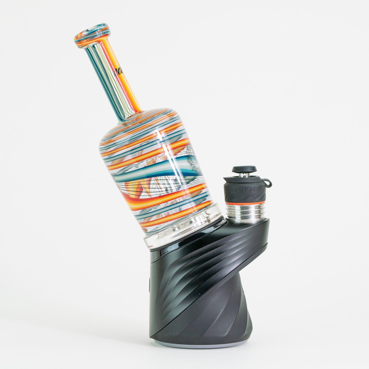 Colorful blue and orange glass bottle on Puffco device