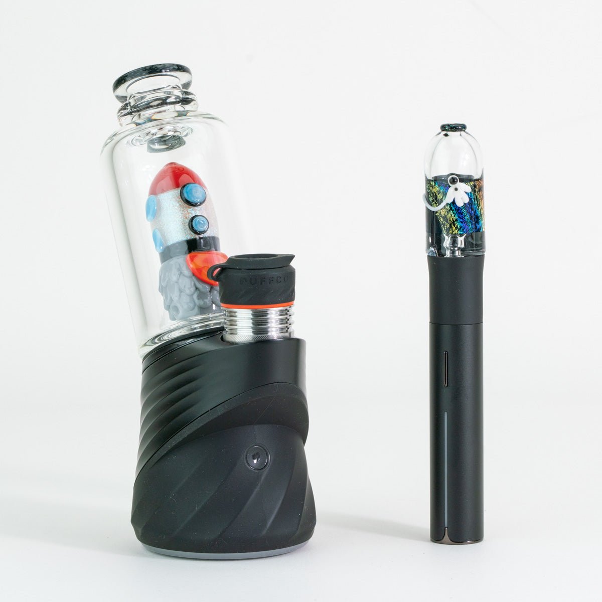 Across the Universe Puffco Peak glass attachment and matching Pivot mouthpiece displayed on Puffco device