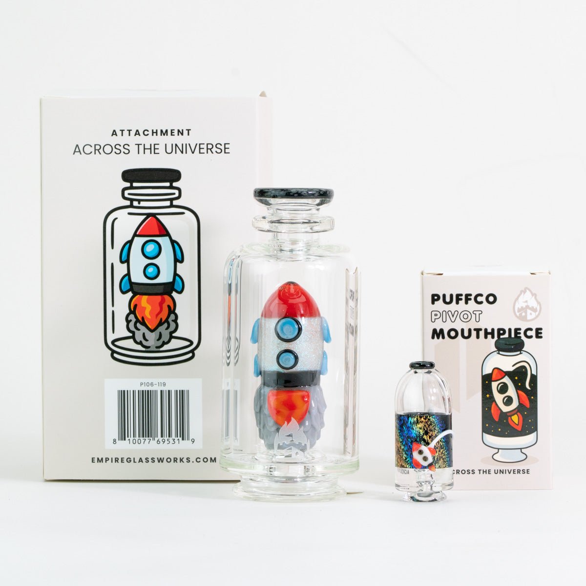 Across the Universe Puffco Peak glass attachment and Pivot mouthpiece shown with original packaging
