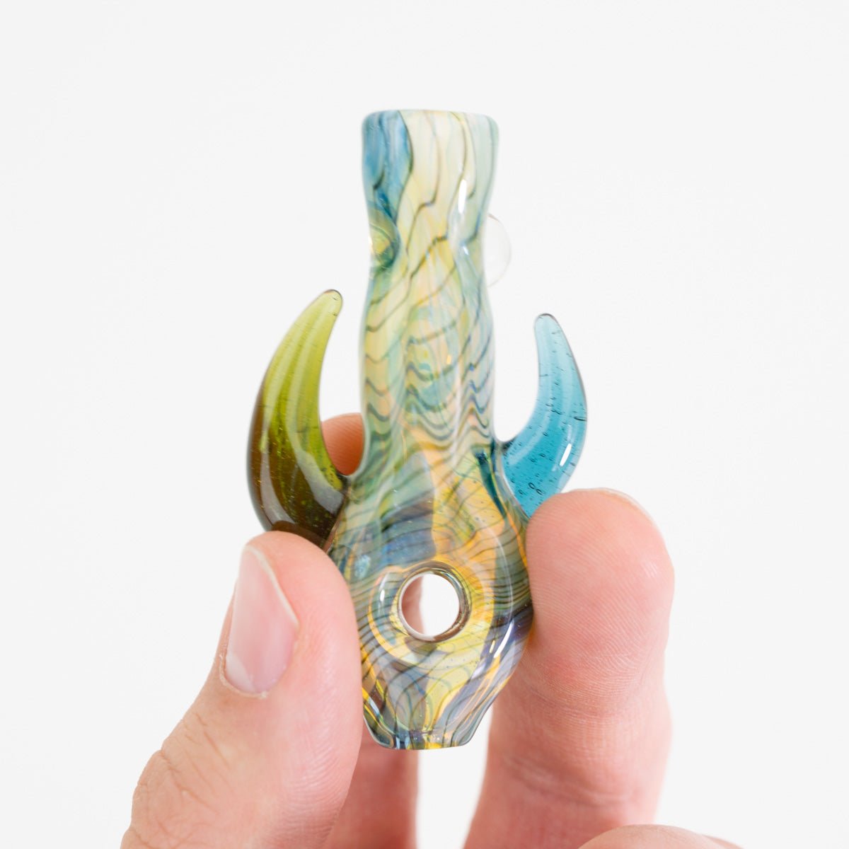 Arrowhead style chillum with hazey oasis colorwork and sculpted glass fins