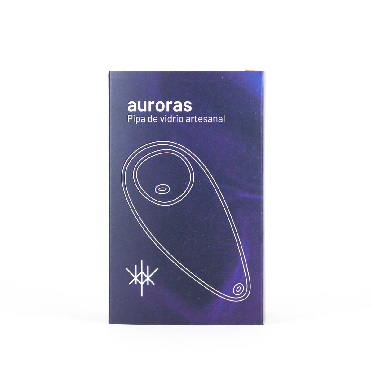 A rectangular product box for an 'auroras' hand-blown glass pipe, featuring a dark purple and blue textured background with white line art of the pipe and white text.