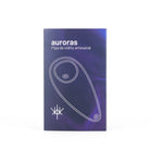 A rectangular product box for an 'auroras' hand-blown glass pipe, featuring a dark purple and blue textured background with white line art of the pipe and white text.