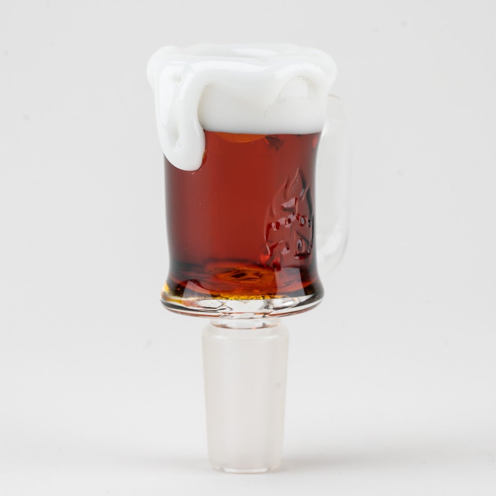 Beer mug glass bowl piece with clear handle, amber color, and frothy top design