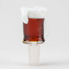 Beer mug glass bowl piece with clear handle, amber color, and frothy top design