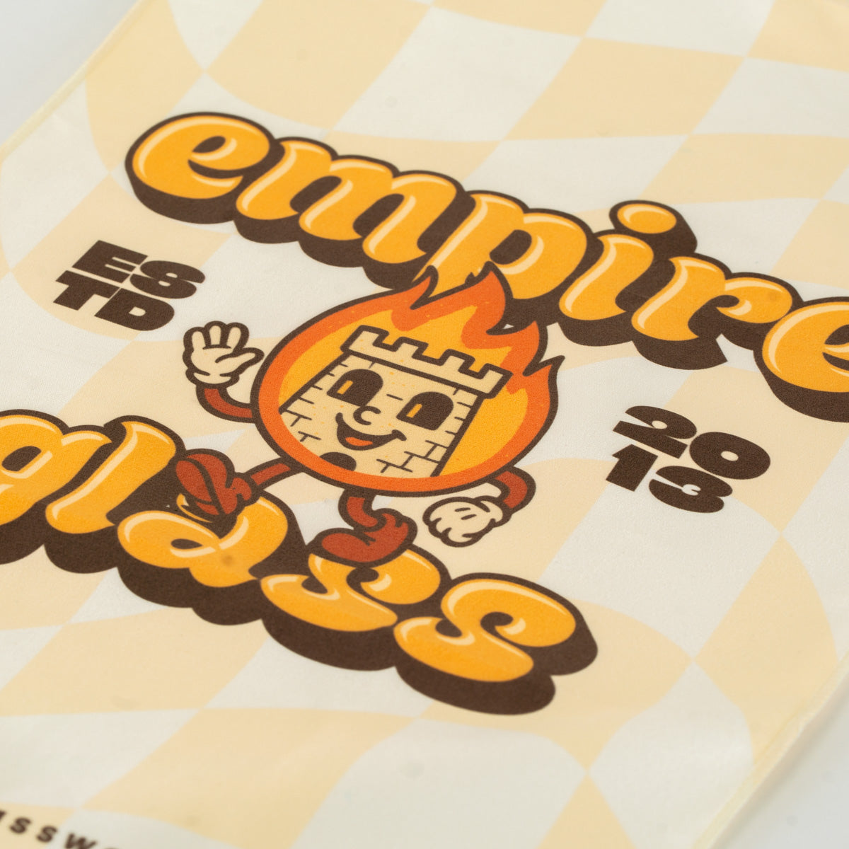 Branded Empire Glassworks dab rag with mascot artwork and checkered design