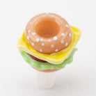 Burger glass bowl piece with sesame bun, lettuce, tomato, and cheese details