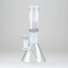 Side view of the Celeste Signature Beaker Bong showcasing its pale blue comfort rim, vertical ribbed neck, and integrated downstem