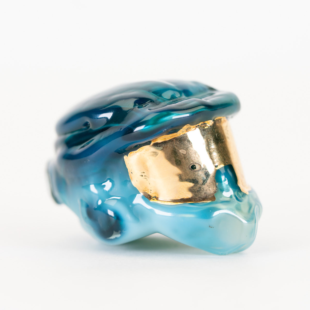 Cerulean blue Spartan helmet pendant with gold-toned face shield detail