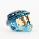 Cerulean blue Spartan helmet pendant with gold-toned face shield detail