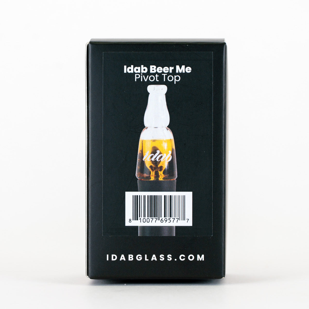 Black product packaging box for an Idab Beer Me Pivot Top glass, featuring a printed graphic of the glass with amber liquid and white text on a clean white background.