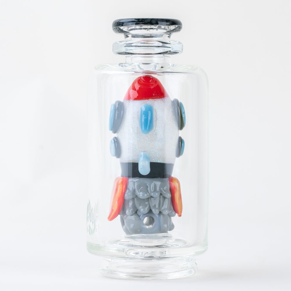 Angled view of a cosmic Puffco glass attachment by Empire Glassworks