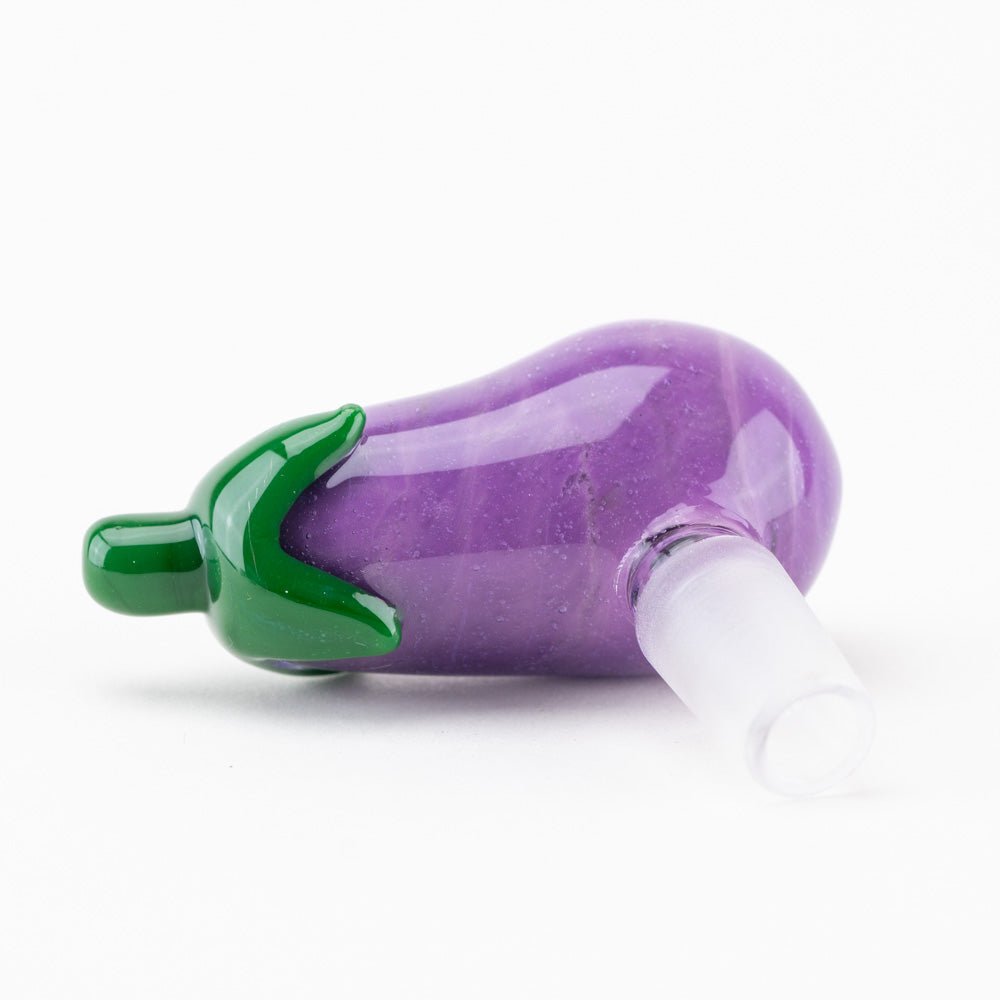 Eggplant glass bowl piece with glossy purple finish and sculpted food-inspired design