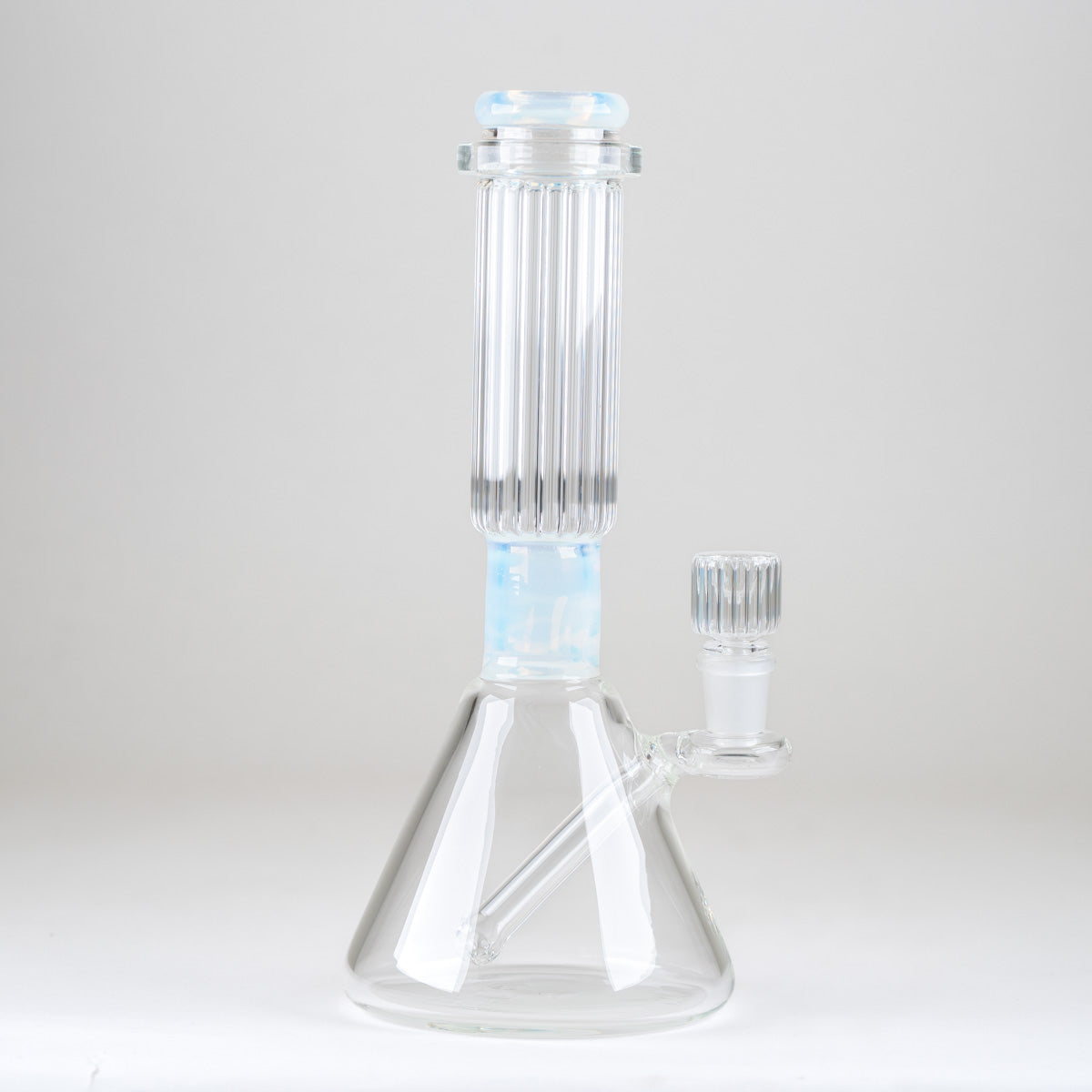 Empire Glassworks Classics Celeste Signature Beaker Bong featuring opalescent blue accents, clear ribbed glass neck, and wide beaker base