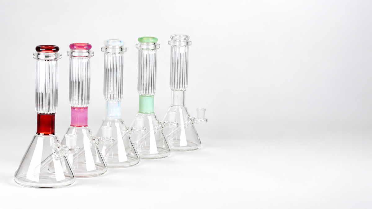 Five of the Empire Glassworks Classics Signature Beakers in different color ways