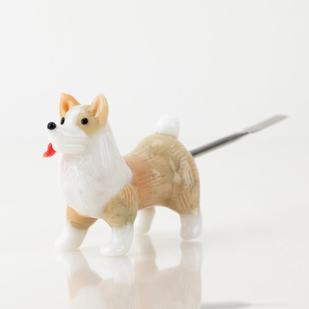 Empire Glassworks Corgi Dabber with tan and white dog glass detail and slim working end