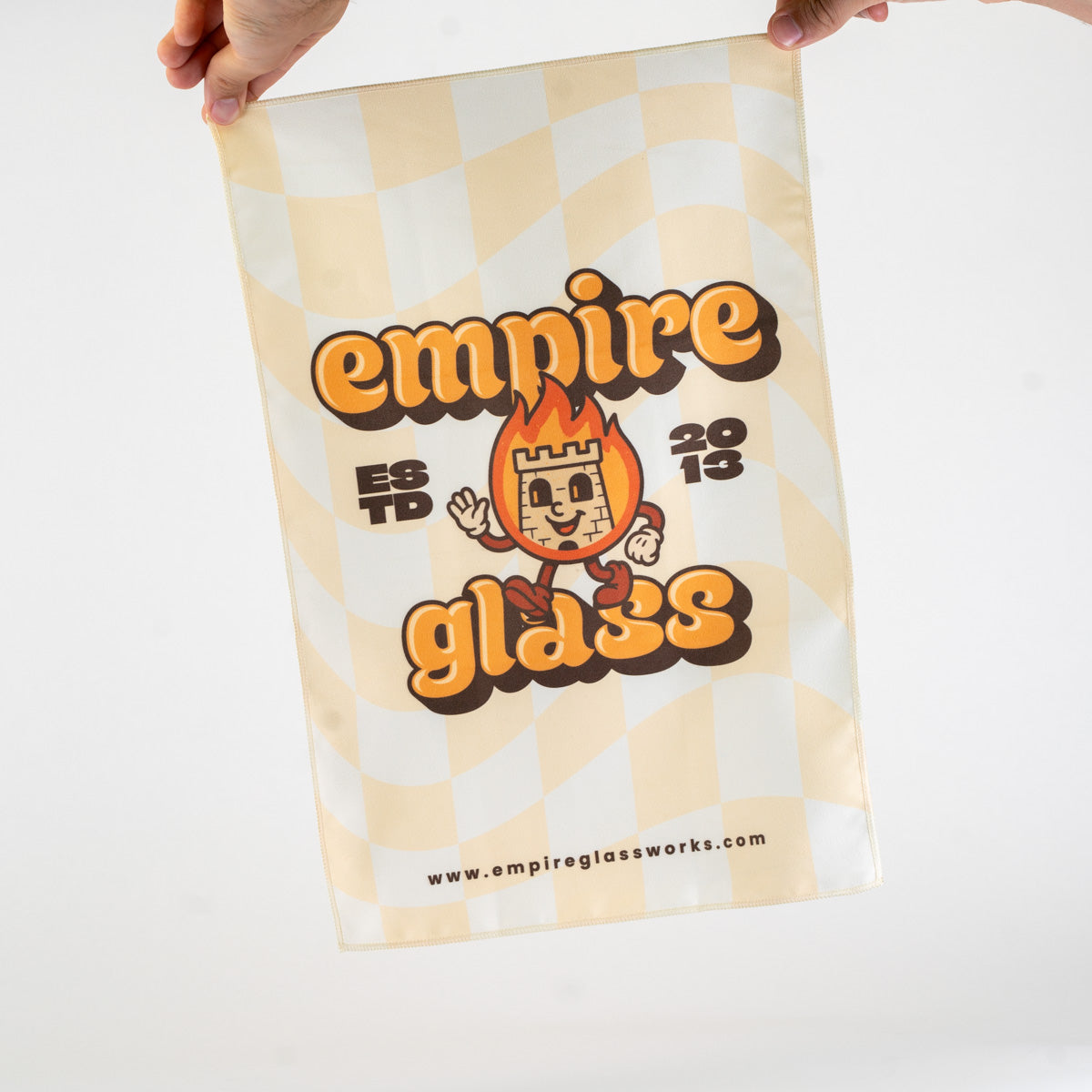 Empire Glassworks dab rag with retro cream pattern and orange logo