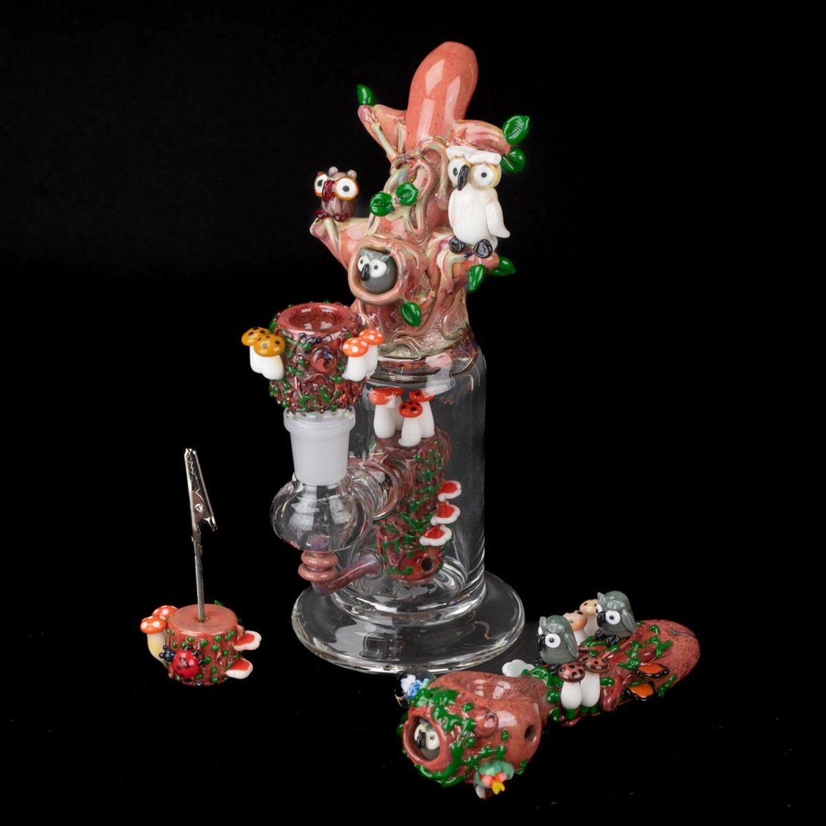 Empire Glassworks Hootie's Flower Bundle - Hootie's Forest Mini Rig -Hootie's Forest Spoon Pipe - Bug's Life Bowl Piece - Bug's Life Roach Clip