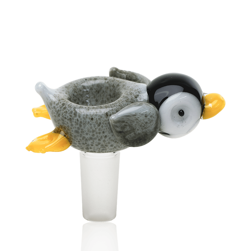 Empire Glassworks Paulie the Penguin Bowl Piece with gray body and yellow feet
