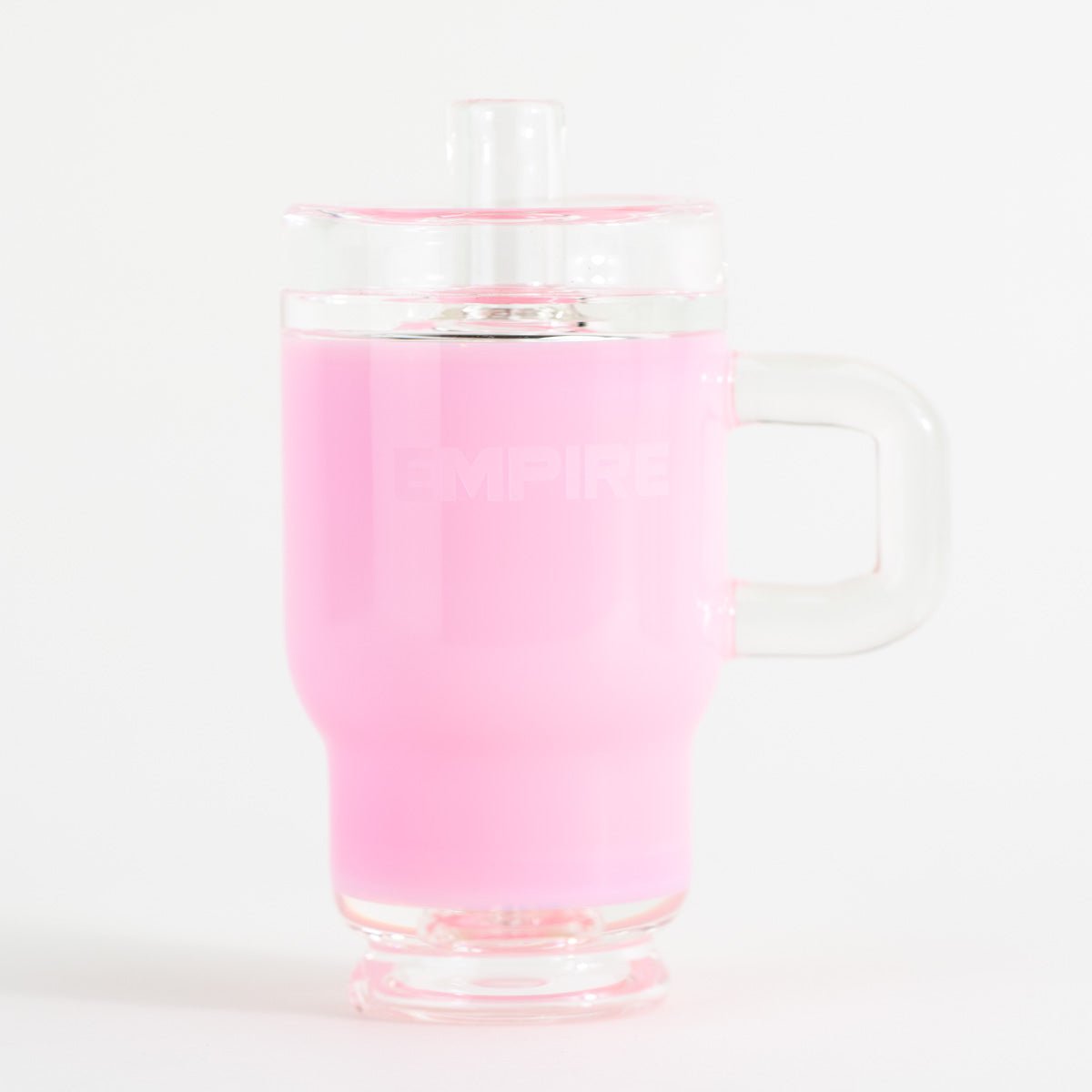 Empire Glassworks pink tumbler bottle glass attachment with clear rim and handle