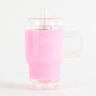 Empire Glassworks pink tumbler bottle glass attachment with clear rim and handle
