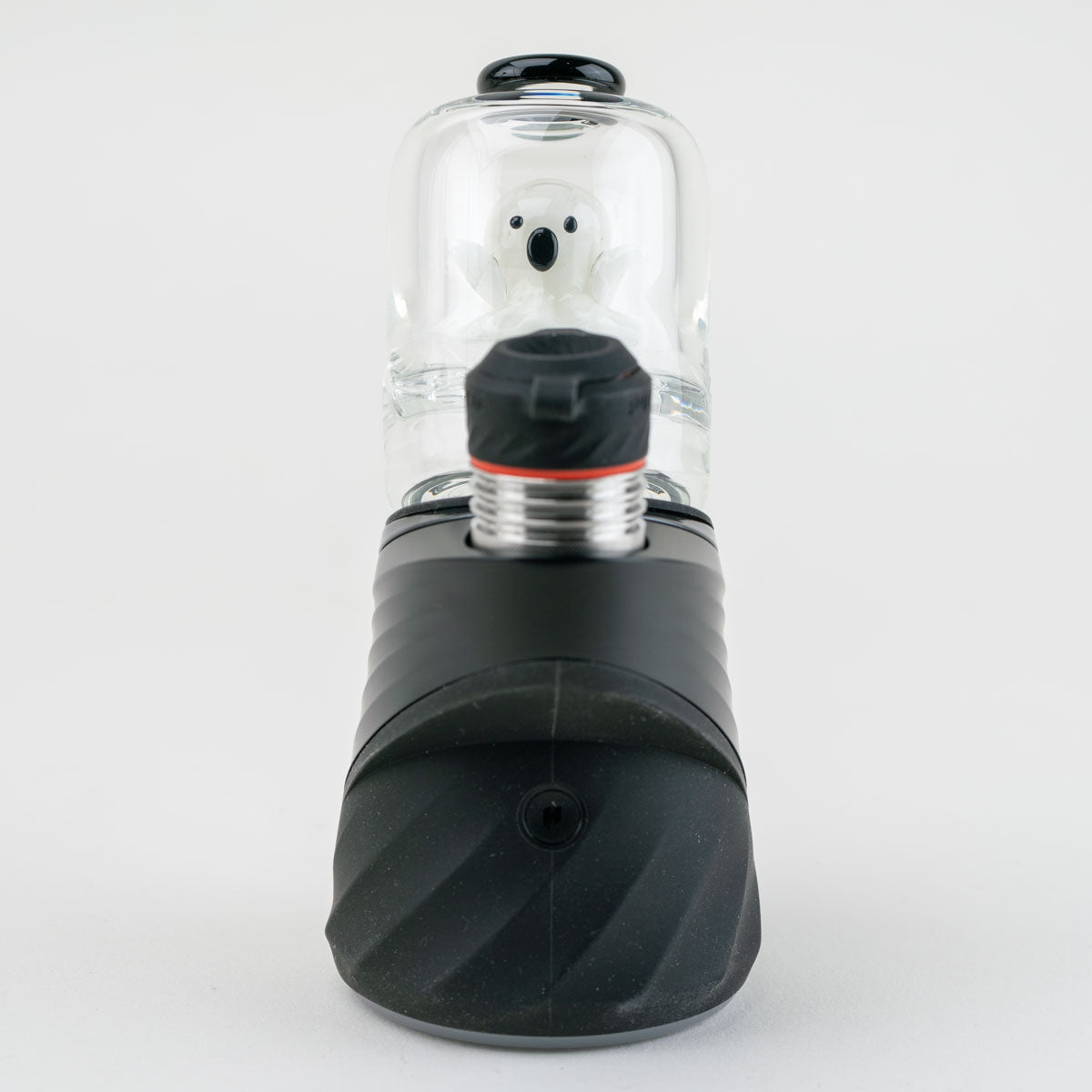 Black and clear glass dry top attachment with a unique design on a white background