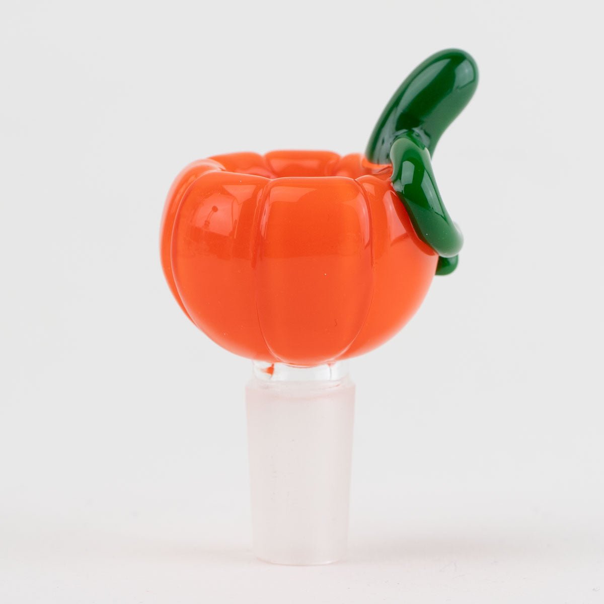Pumpkin-shaped bong bowl piecet with a green stem on a white background