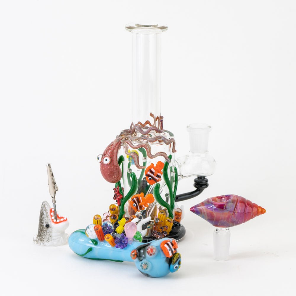 Empire Glassworks Under the Sea Flower Bundle - Under the Sea Mini Tube - Great Barrier Reef Small Spoon Pipe - Jawsome Alligator Clip - Seashell Bowl Piece