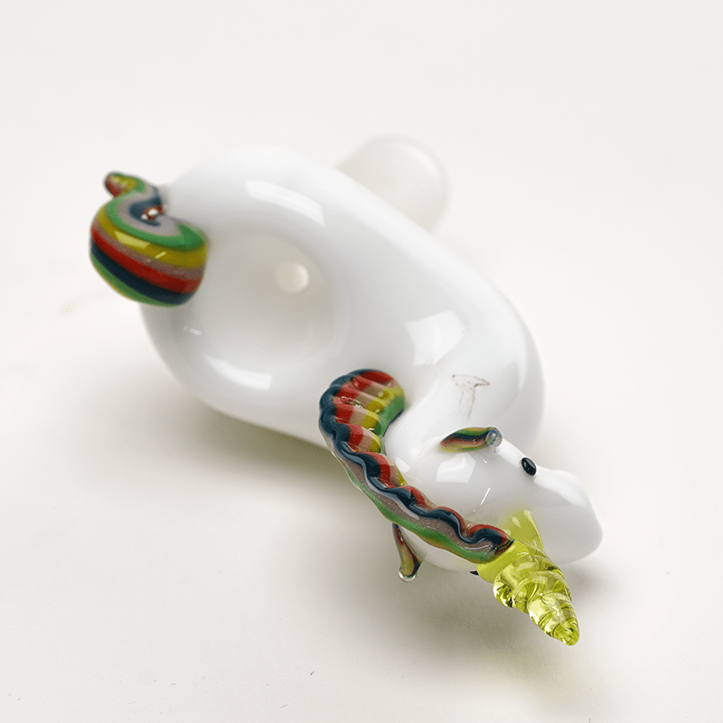 Empire Glassworks UV Reactive Unicorn Bowl Piece with white body and rainbow details