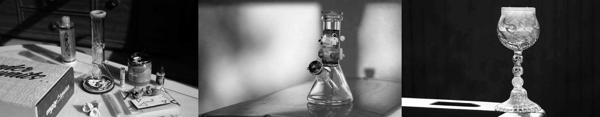 A 3 column image featuring a mystery box opening from Empire Smokes, a glass space-themed bong designed by Empire Glassworks and a heady cup