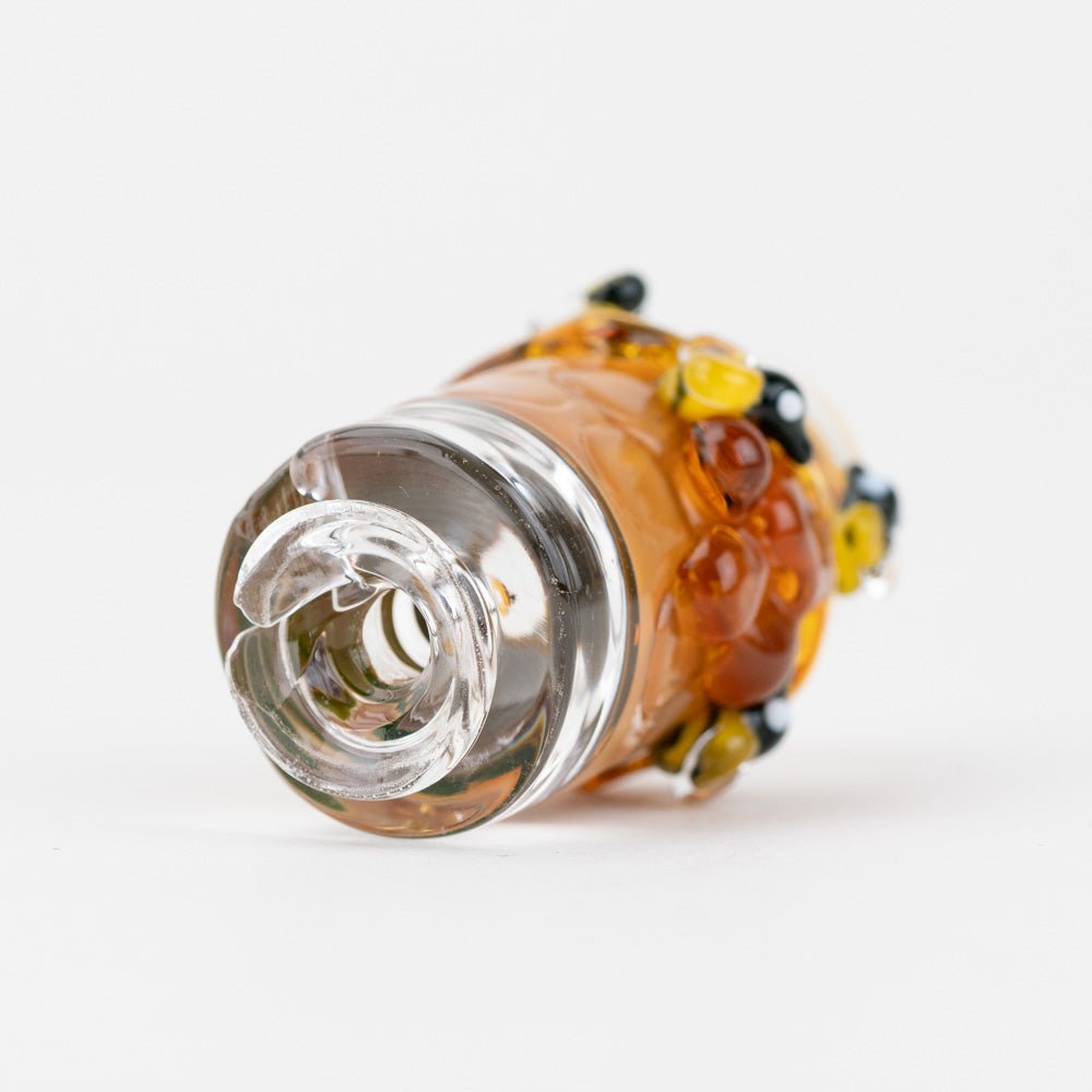 Handmade Puffco Pivot glass top in Save the Bees design featuring honeycomb and bees.