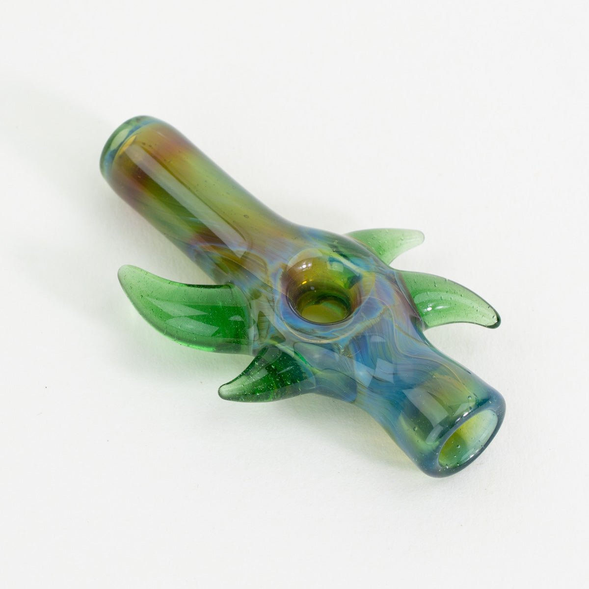 Close up detail of the Orus Egyptian Green chillum showing layered green colorwork