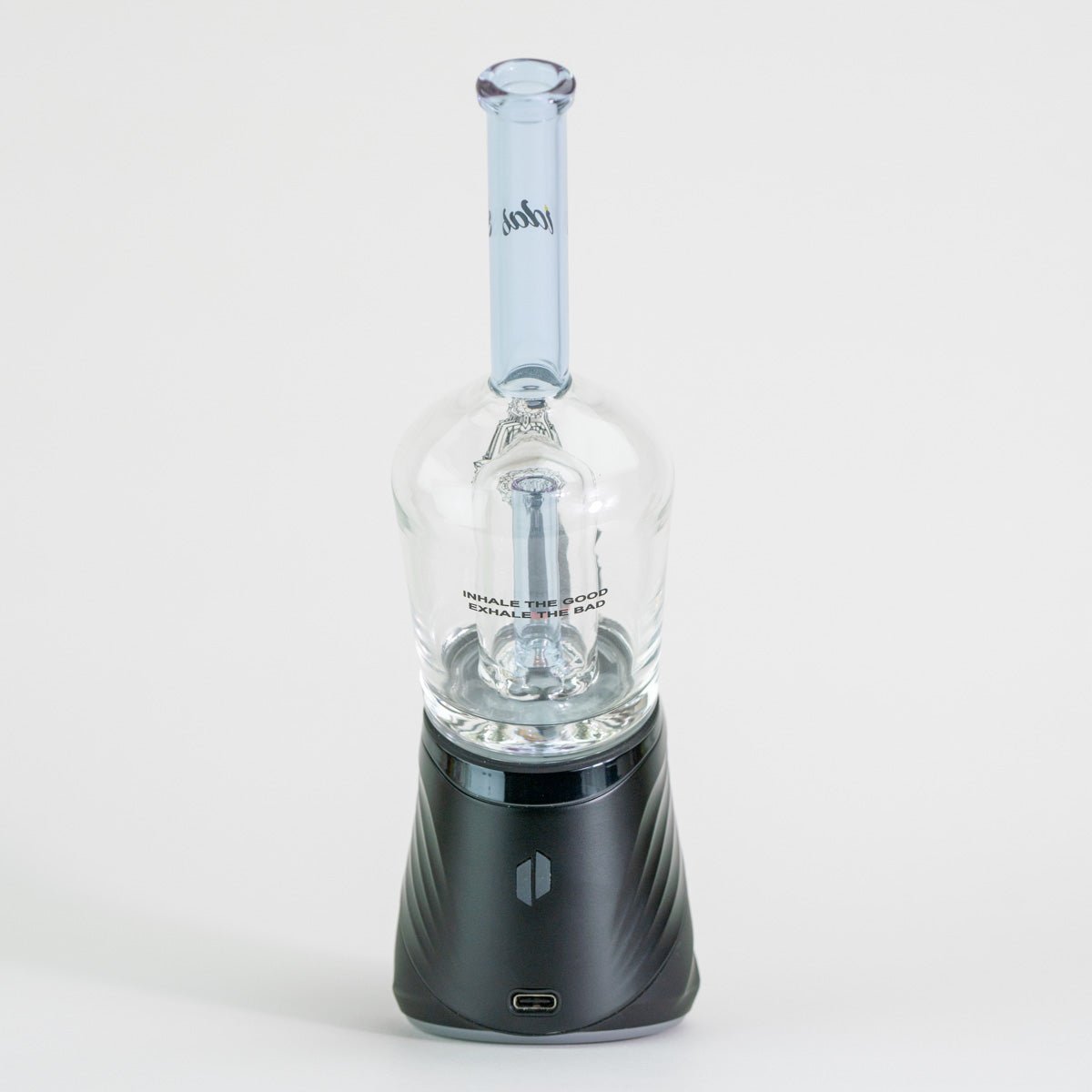 Glass blue bottle attachment on white background
