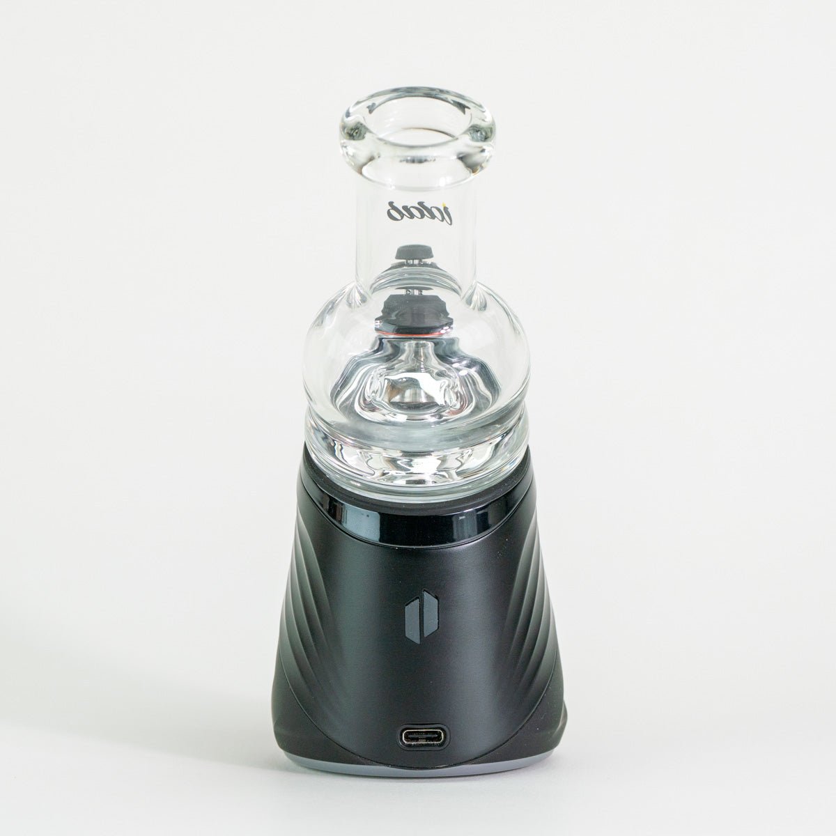 Clear glass device on white background