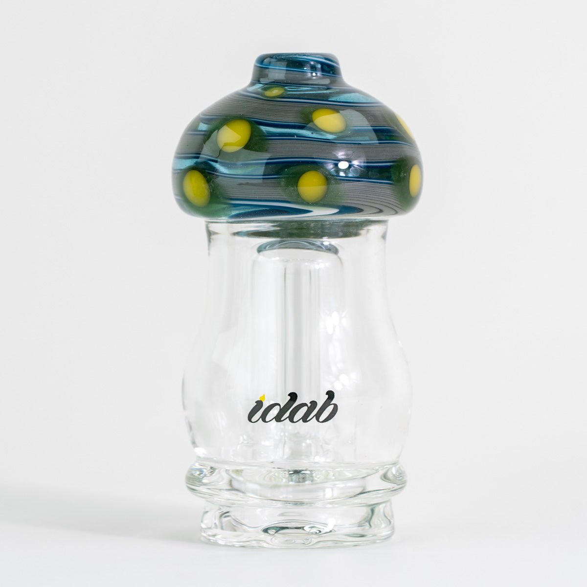 Glass smoking accessory with a colorful top and 'idab' branding on a white background