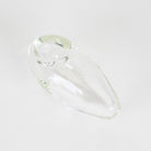 A clear glass smoking pipe with a rounded, teardrop-shaped body and a small circular bowl at one end, shown on a plain light gray background.