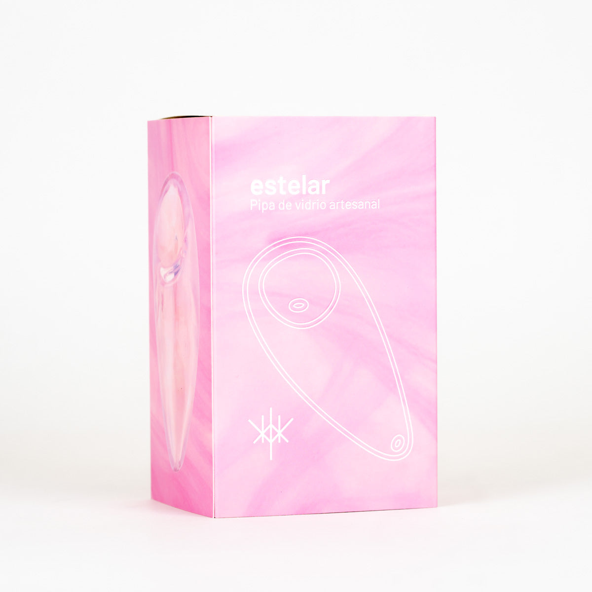 Pink product packaging box with white line art and the brand name 'estelar' printed on the front, photographed on a clean white background.