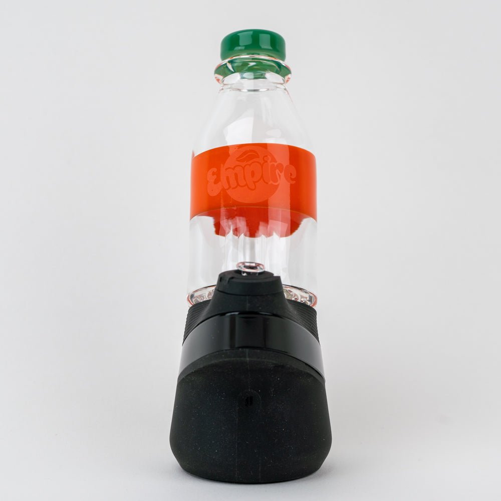 Orange soda pop-inspired Puffco glass attachment with bottle-style design