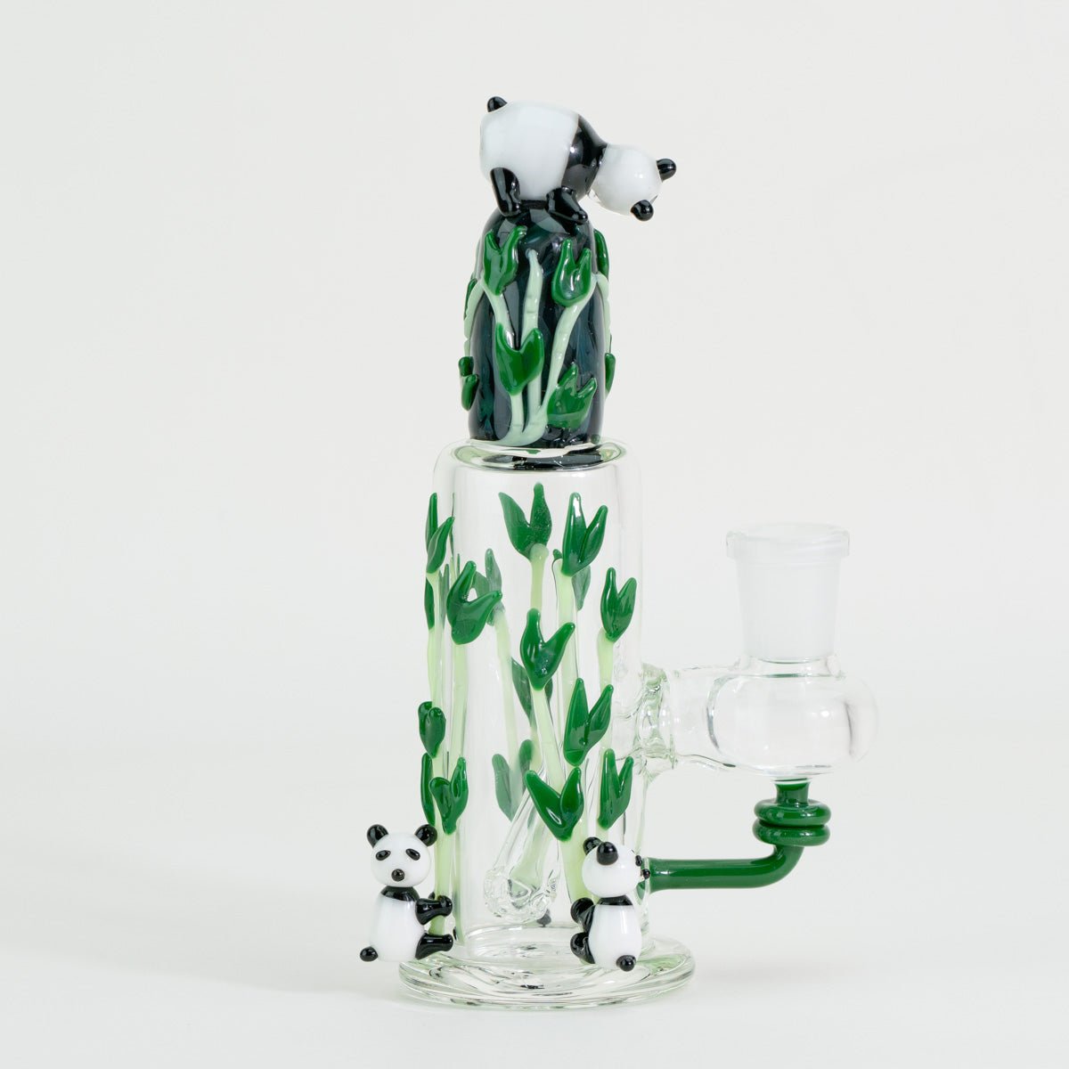 Glass nano rig with three pandas and bamboo