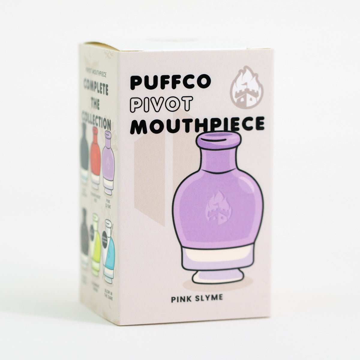 Front view of the Pink Slyme Puffco Pivot glass mouthpiece packaging