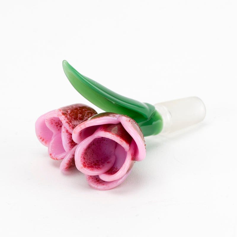Pink tulip glass bowl piece with deep strawberry-toned petal accents