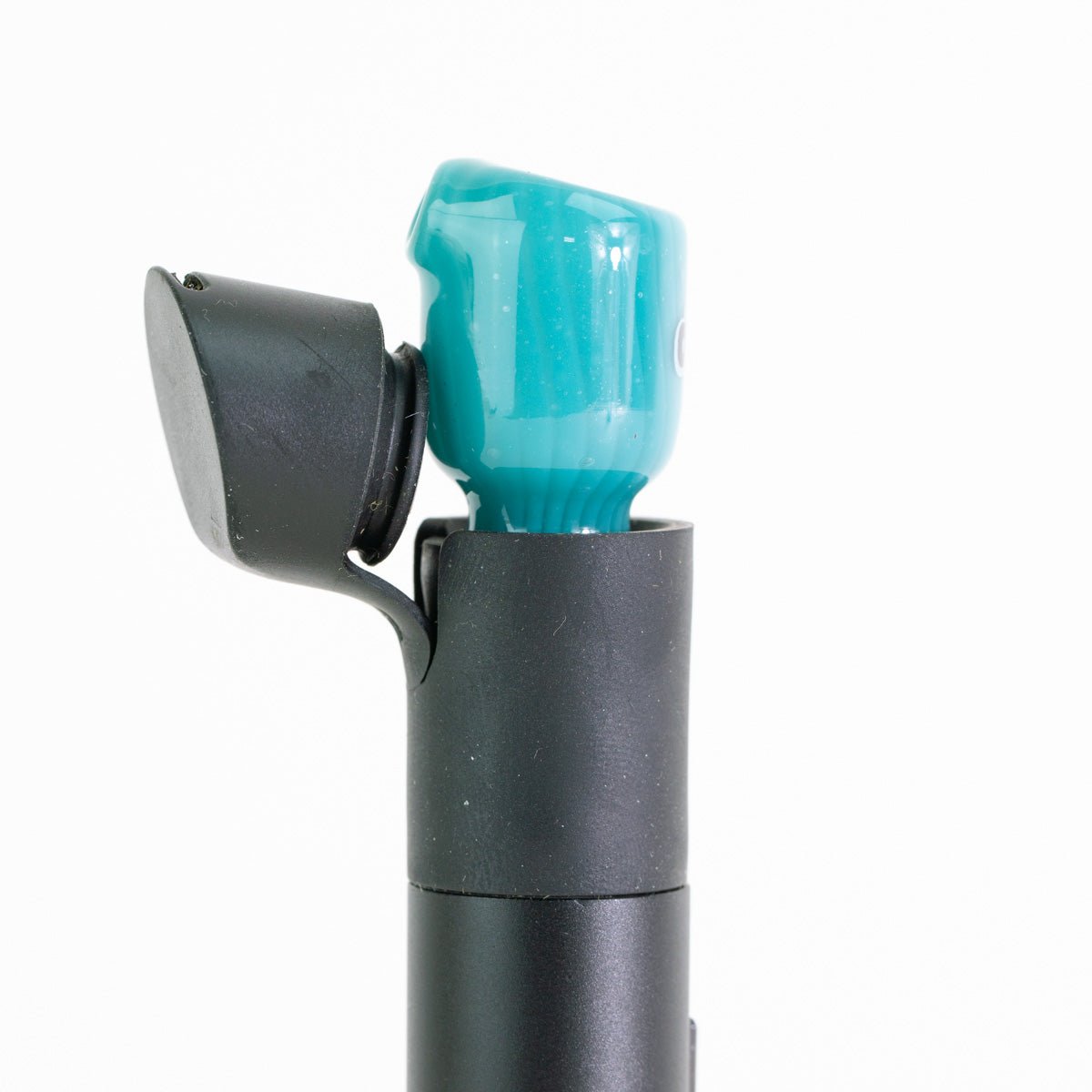 Opaque aqua glass side piece attachment installed on pivot