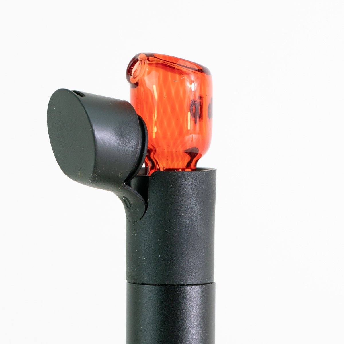 Translucent red glass side piece attachment installed on device
