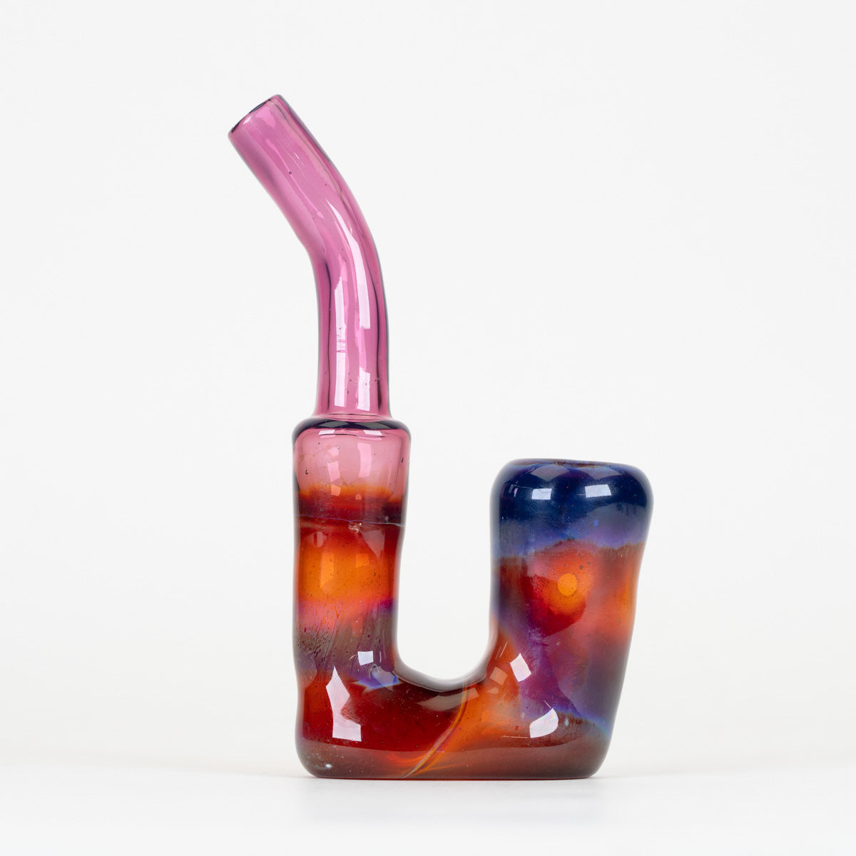 Standing Sherlock glass pipe with pink, orange, blue, and purple Plasma colors