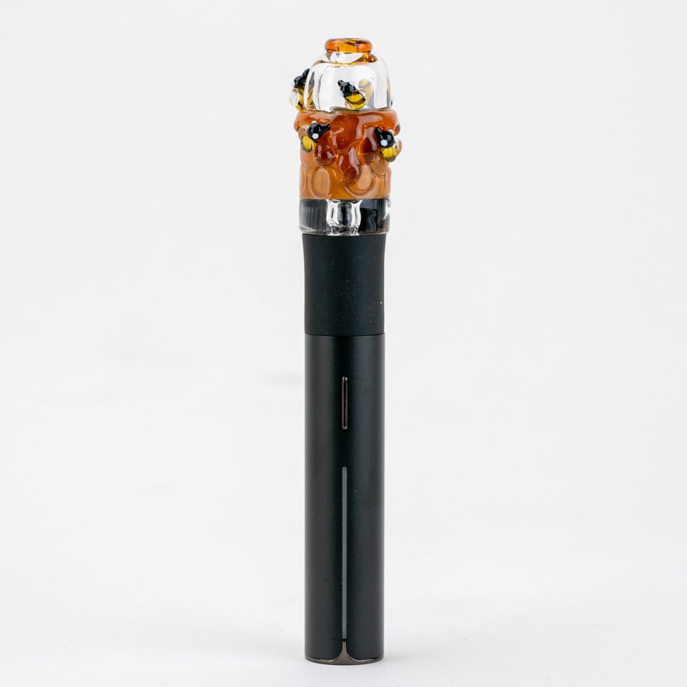 Front view of Save the Bees Puffco Pivot Glass Mouth Piece by Empire Glassworks handmade borosilicate top.