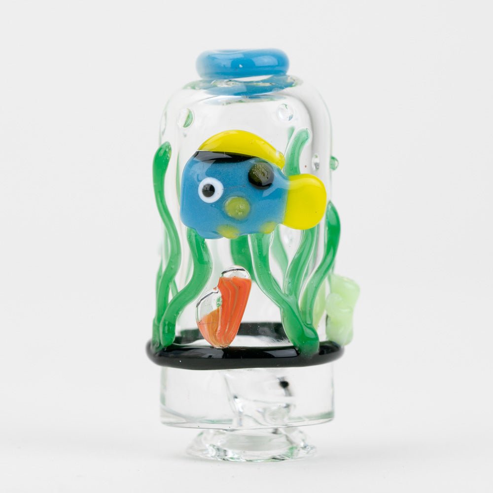 Puffco Pivot glass mouthpiece featuring a colorful underwater fish detail
